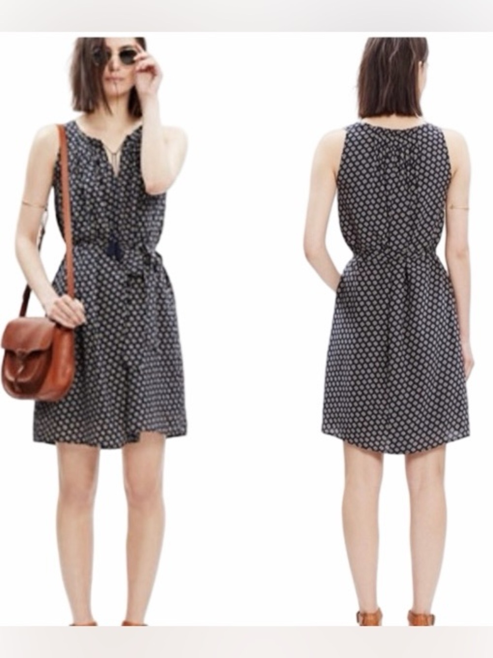 Madewell Navy & Beige Silk Ville Coin Tassel Sleeveless Lined Dress Size Large